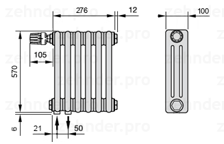 Схема (чертеж) Радиатор Zehnder Charleston 3057/6 №V001 Белый глянцевый RAL 9016